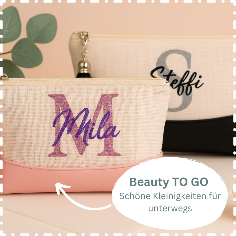 Zwei Kosmetiktaschen mit den Namen "Mila" und "Steffi" in stilvoller Schrift.