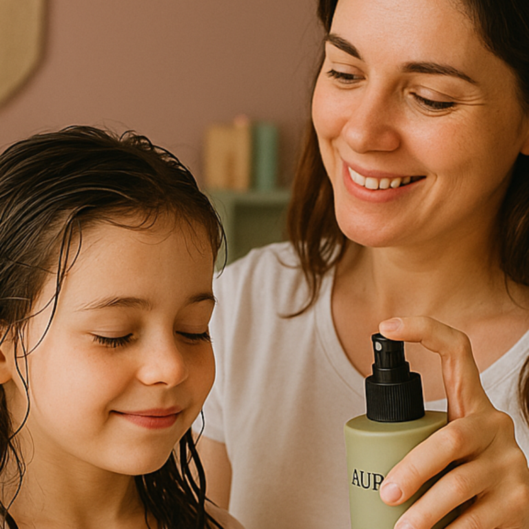 Eine Mutter sprüht ein Pflegeprodukt auf das Haar eines lächelnden Mädchens.