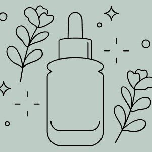 Ein Glasfläschchen mit Pipette, umgeben von Blumen und funkelnden Elementen.