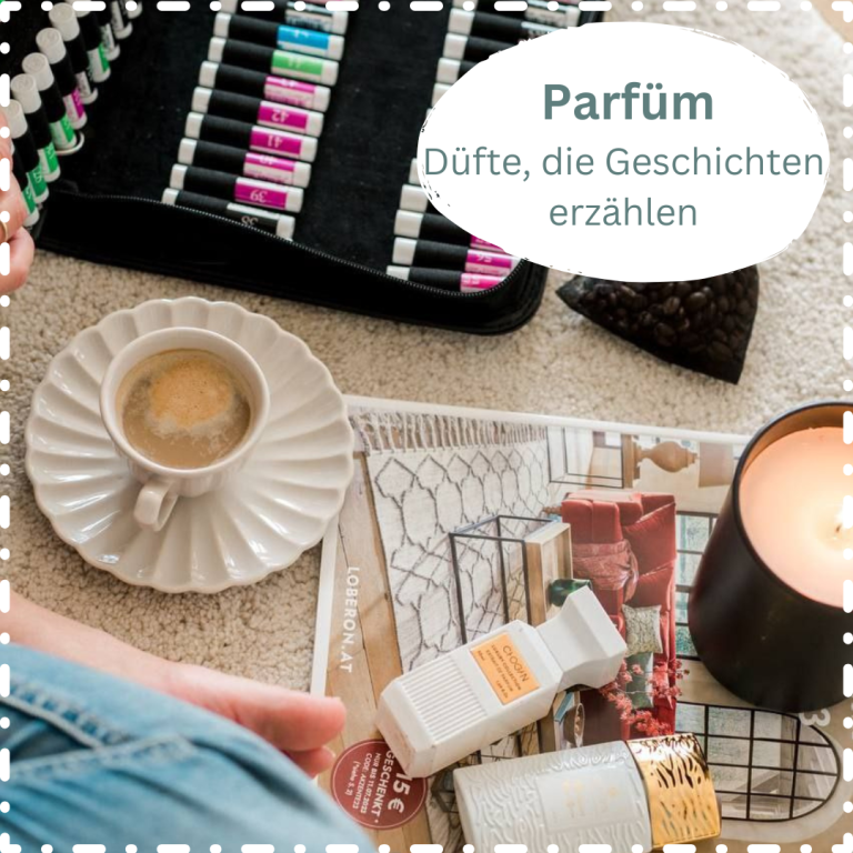 Kaffeetasse, Parfümflaschen und Kerze auf einem Tisch, umgeben von Papieren.